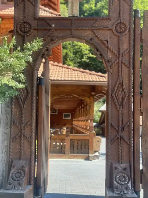 Poartă din lemn sculptat cu motive tradiționale, Casa Suciu