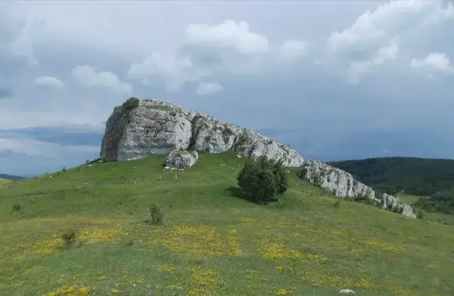 Ceru Băcăinți — stâncă de calcar pe pajiște, aproape de Casa Suciu